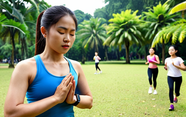 **

*   Prompt: A Vietnamese person wearing a smartwatch while exercising in a park. Focus on the smartwatch display showing heart rate data, with a backdrop of lush greenery and other people engaged in various fitness activities (yoga, jogging, Tai Chi). Emphasize a healthy and active lifestyle.

**