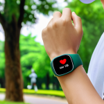 **

A close-up shot of a person wearing a sleek, modern fitness tracker on their wrist. The tracker displays a heart rate reading. In the background, a blurred image of someone jogging through a park filled with lush green trees. The overall tone is bright and healthy, emphasizing accuracy and reliability. "Ăn chắc mặc bền" is subtly overlaid on the image. Focus on Vietnamese aesthetics.

**