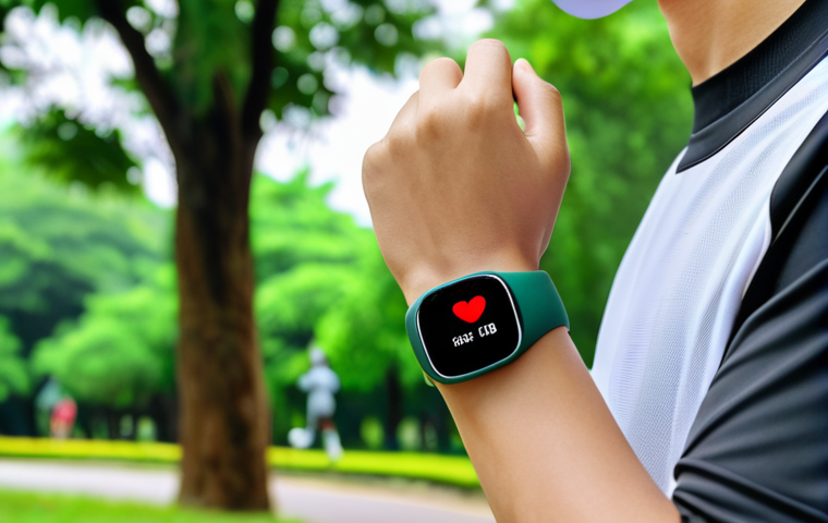 **

A close-up shot of a person wearing a sleek, modern fitness tracker on their wrist. The tracker displays a heart rate reading. In the background, a blurred image of someone jogging through a park filled with lush green trees. The overall tone is bright and healthy, emphasizing accuracy and reliability. "Ăn chắc mặc bền" is subtly overlaid on the image. Focus on Vietnamese aesthetics.

**