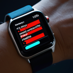 **Privacy Intrusion:** A close-up, slightly distorted view of a smartwatch displaying personal data (heart rate, location) being accessed by shadowy figures representing advertisers and data brokers. The overall tone is dark and unsettling, emphasizing the feeling of being watched. Focus on visual elements that suggest surveillance and data manipulation.