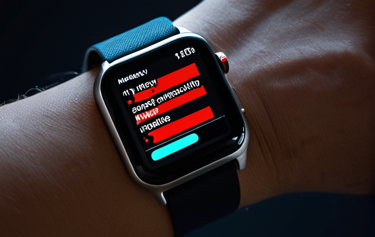 **Privacy Intrusion:** A close-up, slightly distorted view of a smartwatch displaying personal data (heart rate, location) being accessed by shadowy figures representing advertisers and data brokers. The overall tone is dark and unsettling, emphasizing the feeling of being watched. Focus on visual elements that suggest surveillance and data manipulation.