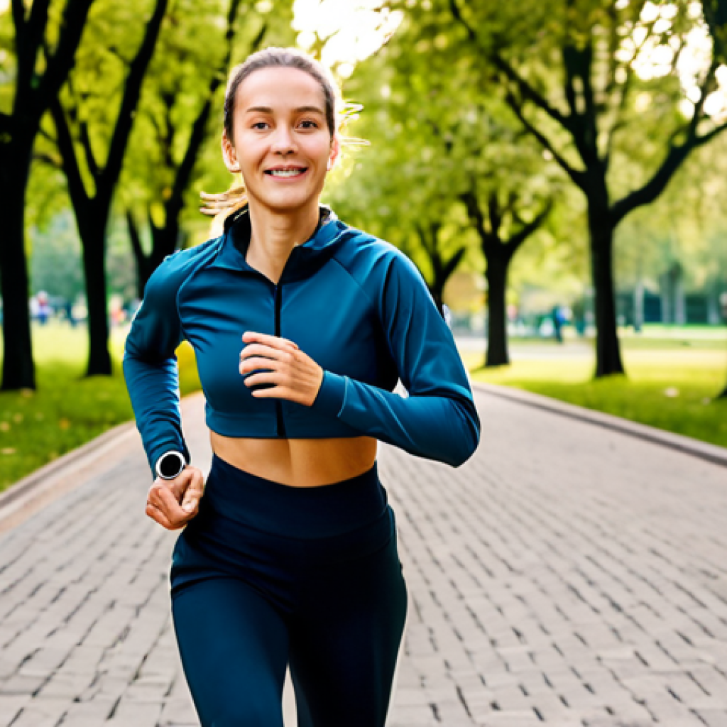 Health Monitoring**

A woman wearing a smartwatch, fully clothed in activewear, running in a park during daytime. The smartwatch displays heart rate and steps. Background shows trees and other people exercising. Safe for work, appropriate content, professional photography, perfect anatomy, natural pose, well-formed hands, natural body proportions, family-friendly, modest clothing.

**