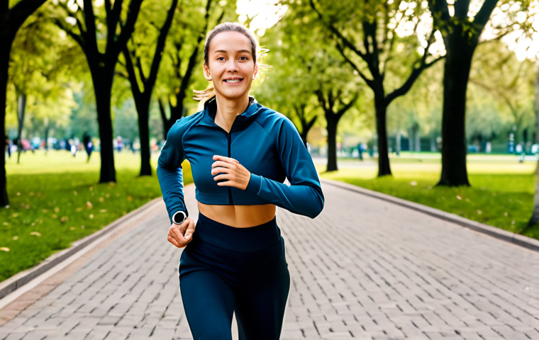 Health Monitoring**

A woman wearing a smartwatch, fully clothed in activewear, running in a park during daytime. The smartwatch displays heart rate and steps. Background shows trees and other people exercising. Safe for work, appropriate content, professional photography, perfect anatomy, natural pose, well-formed hands, natural body proportions, family-friendly, modest clothing.

**