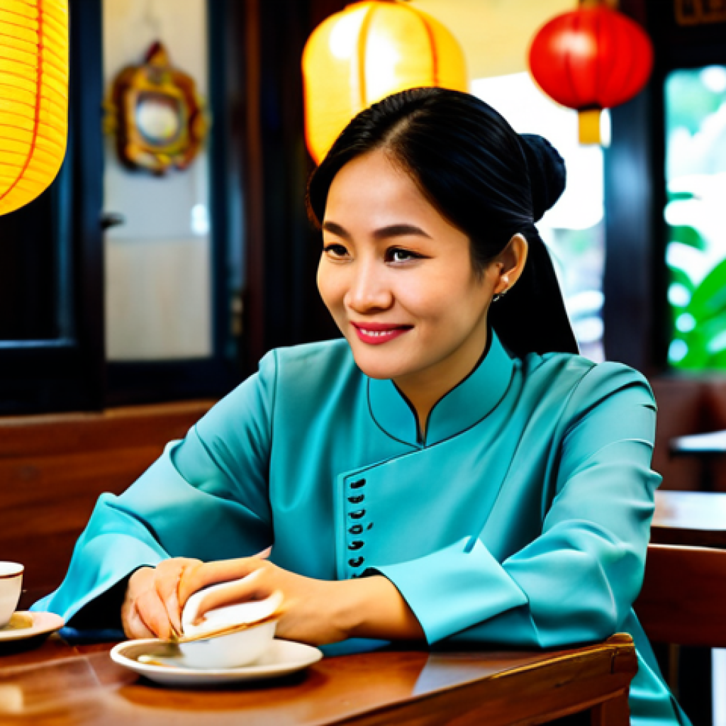 **

"A Vietnamese woman in her 40s, wearing a stylish Ao Dai with a smartwatch, sitting at a traditional Vietnamese coffee shop (Quan Ca Phe), fully clothed, appropriate attire, safe for work, perfect anatomy, natural proportions, high-quality photo, family-friendly. The coffee shop has lanterns and traditional decorations, creating a warm and inviting atmosphere. She is looking at the smartwatch screen with a slight smile. Focus on the blend of modern technology and traditional Vietnamese culture. Professional, modest."

**