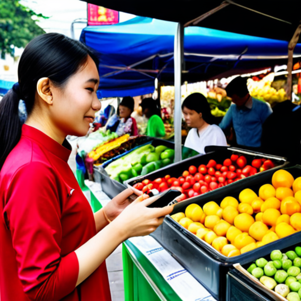 Modern Woman Using Smartwatch**

A Vietnamese woman in her late 20s, wearing a stylish ao dai (casual version) and comfortable sneakers, is checking her smartwatch while walking through a bustling street market in Hanoi. The smartwatch displays health data, possibly steps or heart rate. In the background, vendors are selling fresh fruits and vegetables. Focus on a friendly, energetic vibe. safe for work, appropriate content, fully clothed, professional, perfect anatomy, correct proportions, natural pose, well-formed hands, proper finger count, natural body proportions, high quality.

**