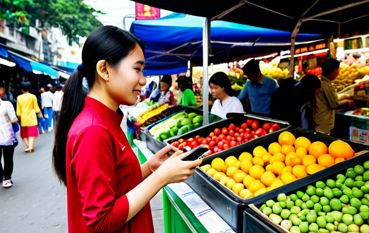 Modern Woman Using Smartwatch**

A Vietnamese woman in her late 20s, wearing a stylish ao dai (casual version) and comfortable sneakers, is checking her smartwatch while walking through a bustling street market in Hanoi. The smartwatch displays health data, possibly steps or heart rate. In the background, vendors are selling fresh fruits and vegetables. Focus on a friendly, energetic vibe. safe for work, appropriate content, fully clothed, professional, perfect anatomy, correct proportions, natural pose, well-formed hands, proper finger count, natural body proportions, high quality.

**