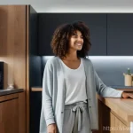 스마트폰과의 연동성에 대한 연구 - **Prompt:** A young woman, dressed in comfortable, modest loungewear, stands in a brightly lit, mode...