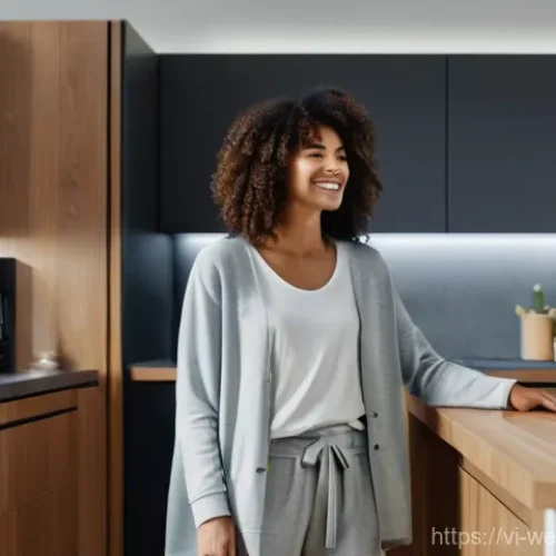 스마트폰과의 연동성에 대한 연구 - **Prompt:** A young woman, dressed in comfortable, modest loungewear, stands in a brightly lit, mode...