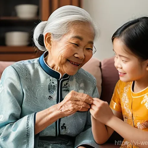 웨어러블 헬스케어 기기의 시장 진입 전략 - **Prompt 1: Elderly Care and Family Connection**
    "A heartwarming scene featuring an elderly Viet...