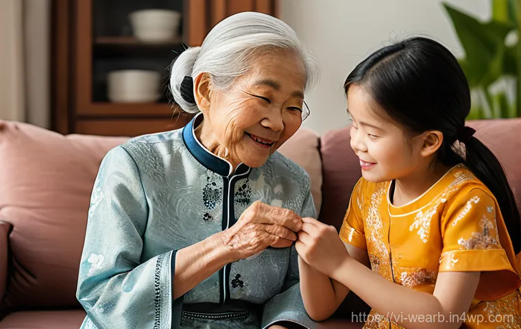 웨어러블 헬스케어 기기의 시장 진입 전략 - **Prompt 1: Elderly Care and Family Connection**
    "A heartwarming scene featuring an elderly Viet...