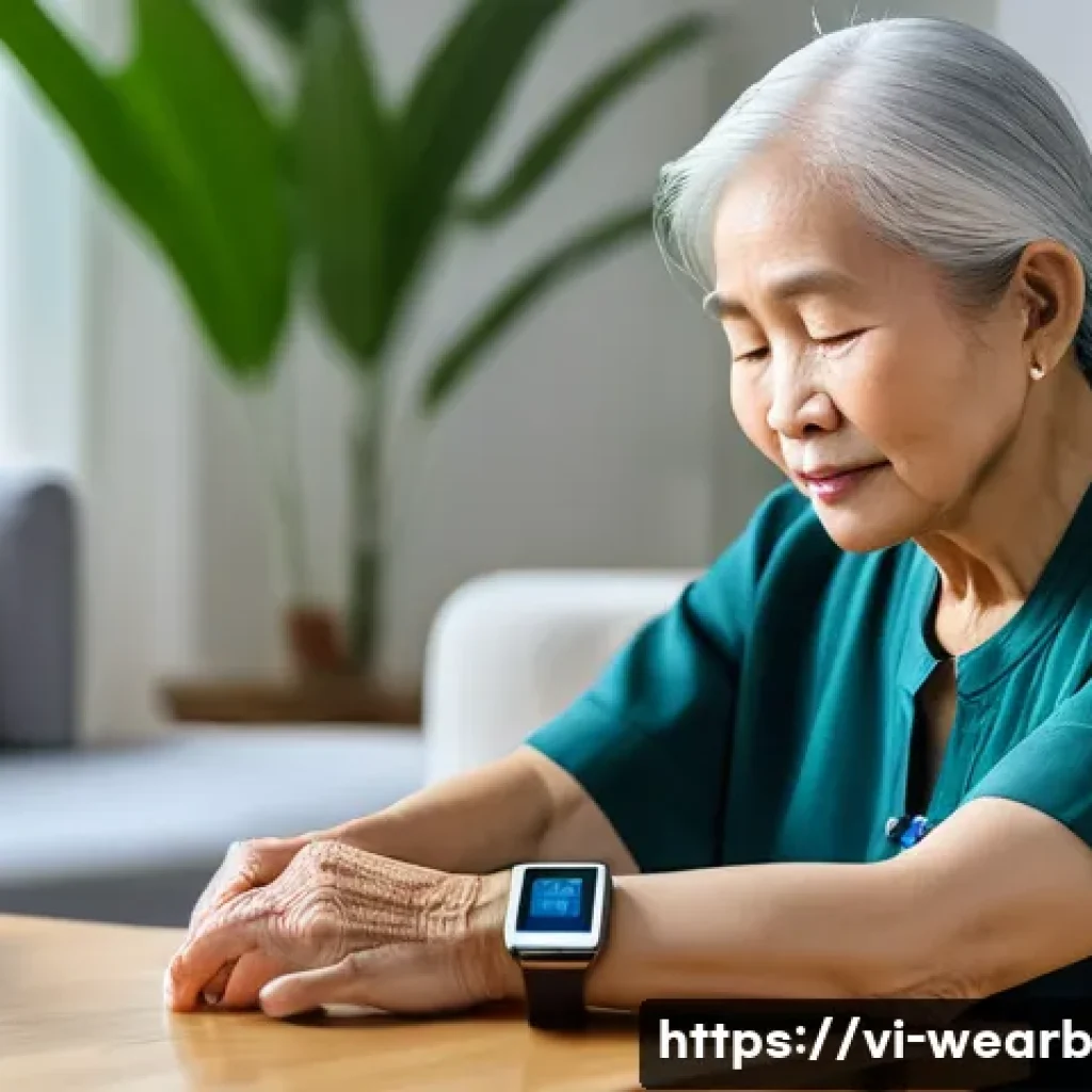 웨어러블 기술과 고령화 사회의 대응 전략 - An elderly Vietnamese woman wearing a smart health wristband and casual comfortable clothing, sittin...