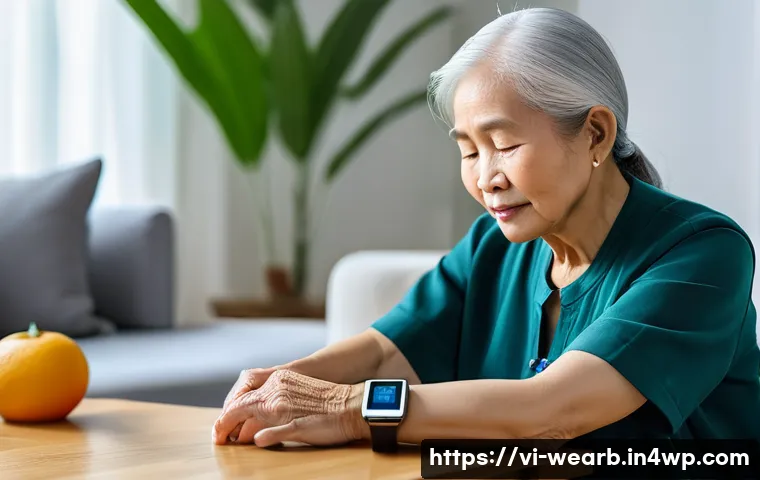 웨어러블 기술과 고령화 사회의 대응 전략 - An elderly Vietnamese woman wearing a smart health wristband and casual comfortable clothing, sittin...