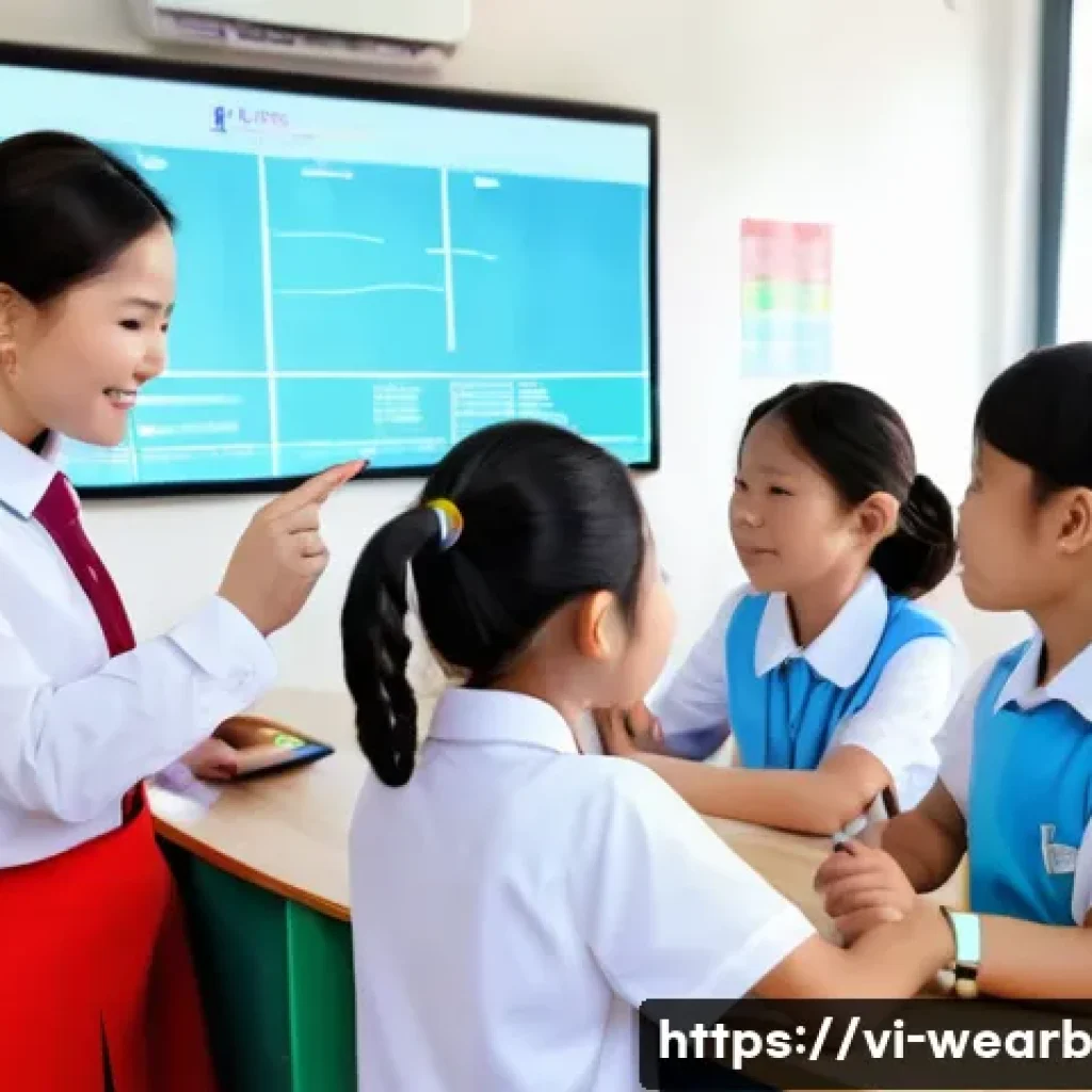 웨어러블 헬스케어의 교육적 접근 방법 - A vibrant Vietnamese classroom scene where diverse students wearing colorful fitness trackers and sm...