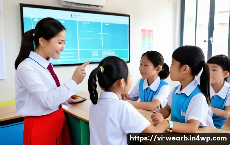 웨어러블 헬스케어의 교육적 접근 방법 - A vibrant Vietnamese classroom scene where diverse students wearing colorful fitness trackers and sm...