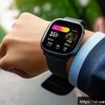 Home 23 웨어러블 기기의 혁신적 디자인 사례 - A sleek, minimalist smartwatch with a rounded metal case and smooth, soft silicone strap in matte bl...